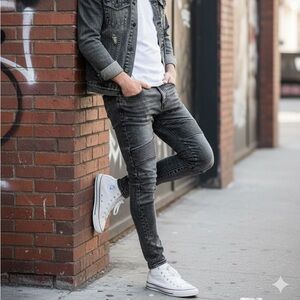 AEO Next Level Flex Mens Moto Jeans Black Acid Wash 28